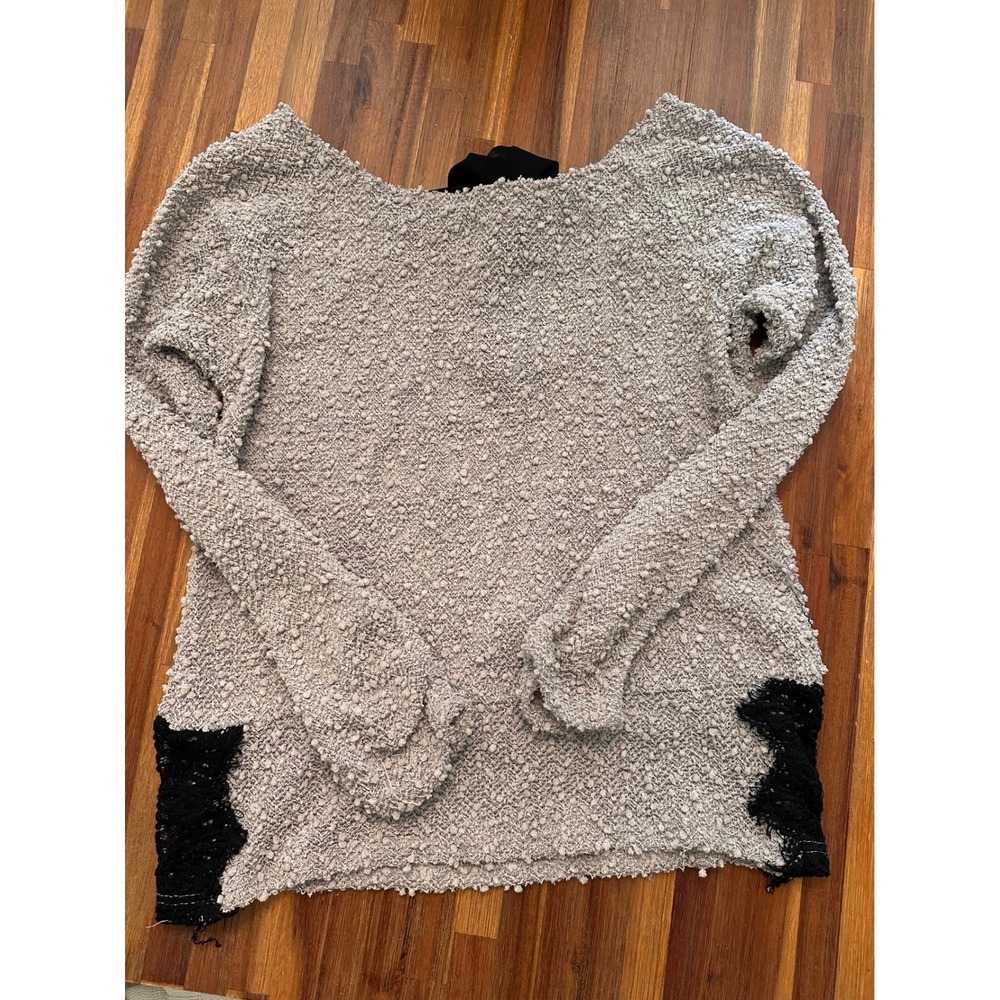a'reve Popcorn Knit Sweater Womens Small Grey Good Lace Bow Back Long Sleeve